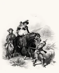 Colocando a Alice en el mismo caballo con Cora, tomó las riendas y comenzó su ruta adentrándose más en el bosque, ilustración de El último de los mohicanos, de James Fennimore Cooper, 1826